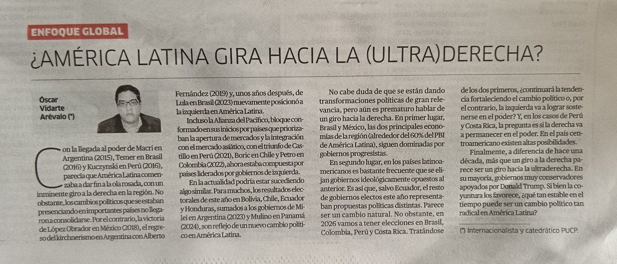 Para iniciar el año, en mi artículo de hoy en <a href="/larepublica_pe/">La República</a> un balance sobre los cambios políticos que está experimentando América Latina y lo que se viene este 2026.
