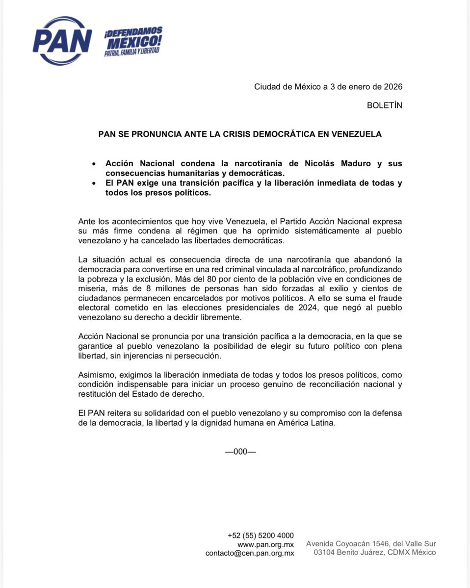 Aquí la postura del Partido Acción Nacional sobre lo ocurrido en Venezuela.

PAN se pronuncia ant...