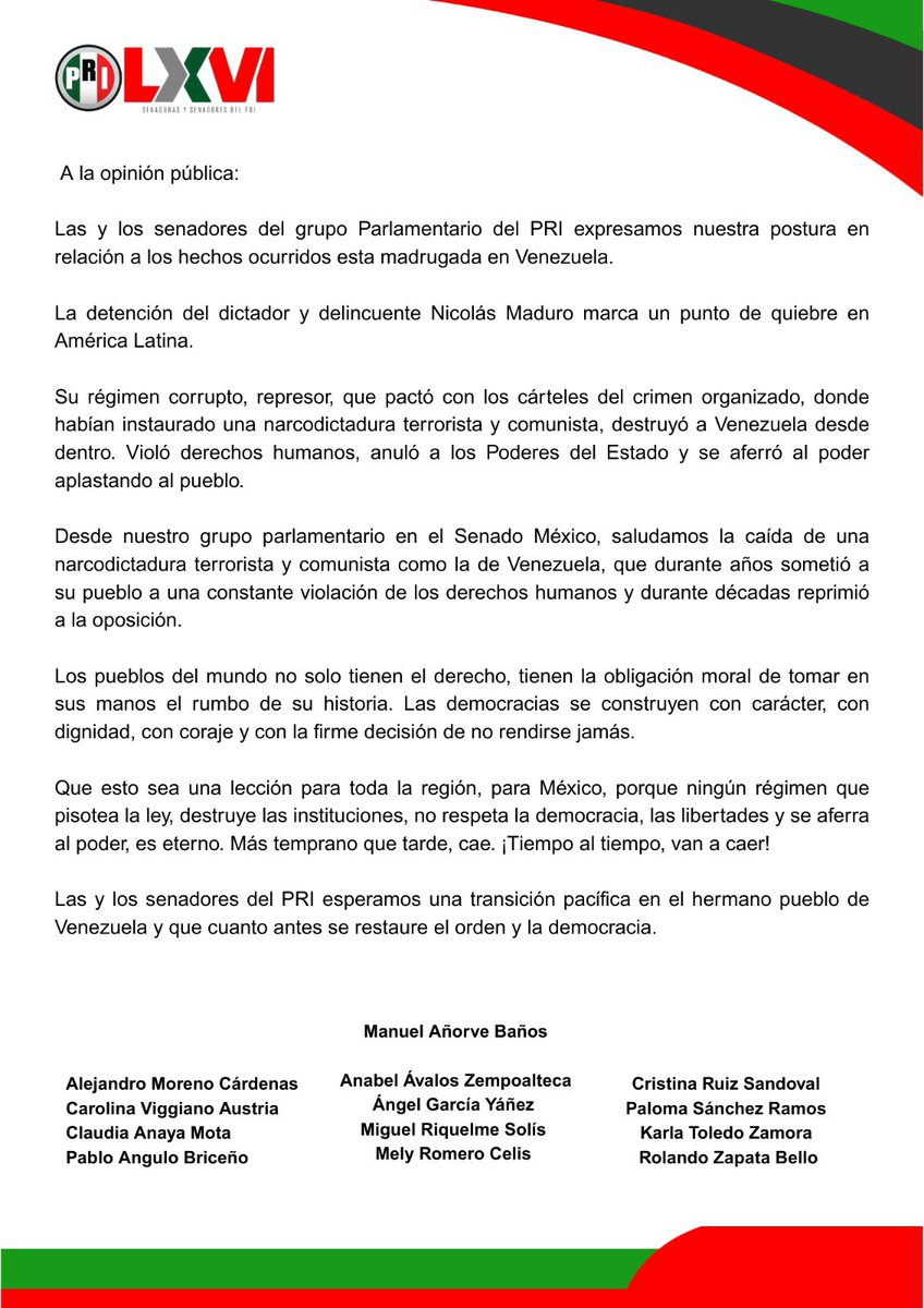 Los senadores del Grupo Parlamentario del <a href="/PRI_Nacional/">PRI</a> expresamos nuestra postura en relación a los hechos ocurridos esta madrugada en Venezuela.