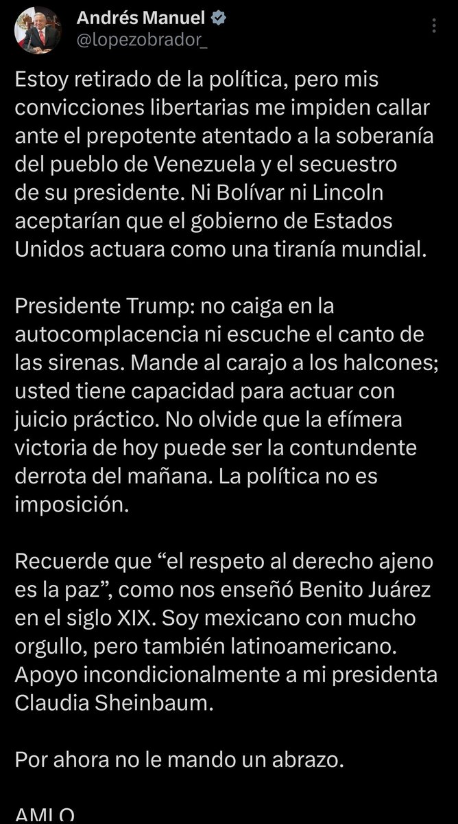 ReporterosMX_'s tweet image. #ÚltimaHora | El presidente Andrés Manuel López Obrador (@lopezobrador) se pronunció en contra de la invasión de Estados Unidos a Venezuela. AMLO aseguró que ni Bolívar ni Lincoln aceptarían un hecho como este y acusó al gobierno norteamericano de actuar como una tiranía mundial.…