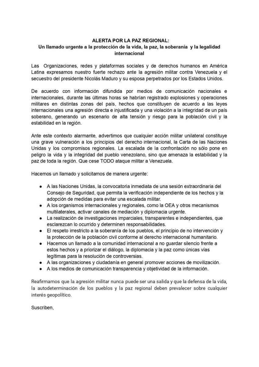 LaAlianzaOrgSoc's tweet image. #ComunicadoConjunto | 🚨 Rechazamos los ataques en territorio venezolano y alertamos sobre el riesgo para la vida, la soberanía y la estabilidad regional. Exigimos respeto al DIH y una sesión extraordinaria del Consejo de Seguridad para la evitar una escalada militar. 🕊️