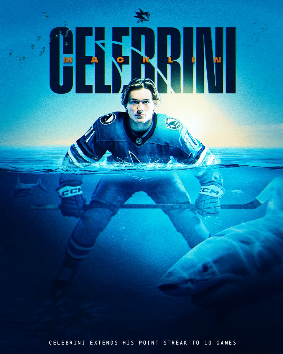 NHL's tweet image. This point streak's got some serious bite 🦈 

Macklin Celebrini has 20 points during his 10-game point streak!