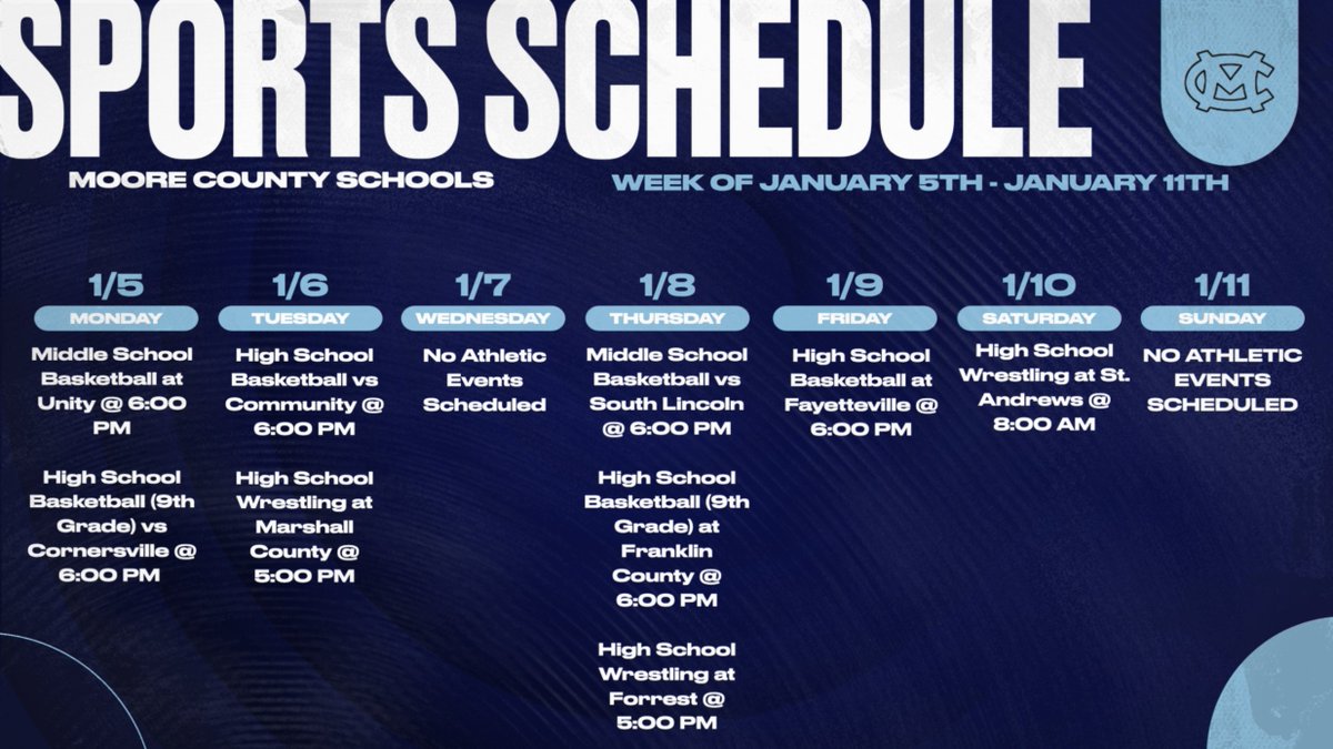 MooreNetwork's tweet image. Moore County Athletics Schedule: January 5th - January 11th

Start the New Year off by supporting Middle School Basketball, Freshmen Basketball, High School Basketball, or High School Wrestling.