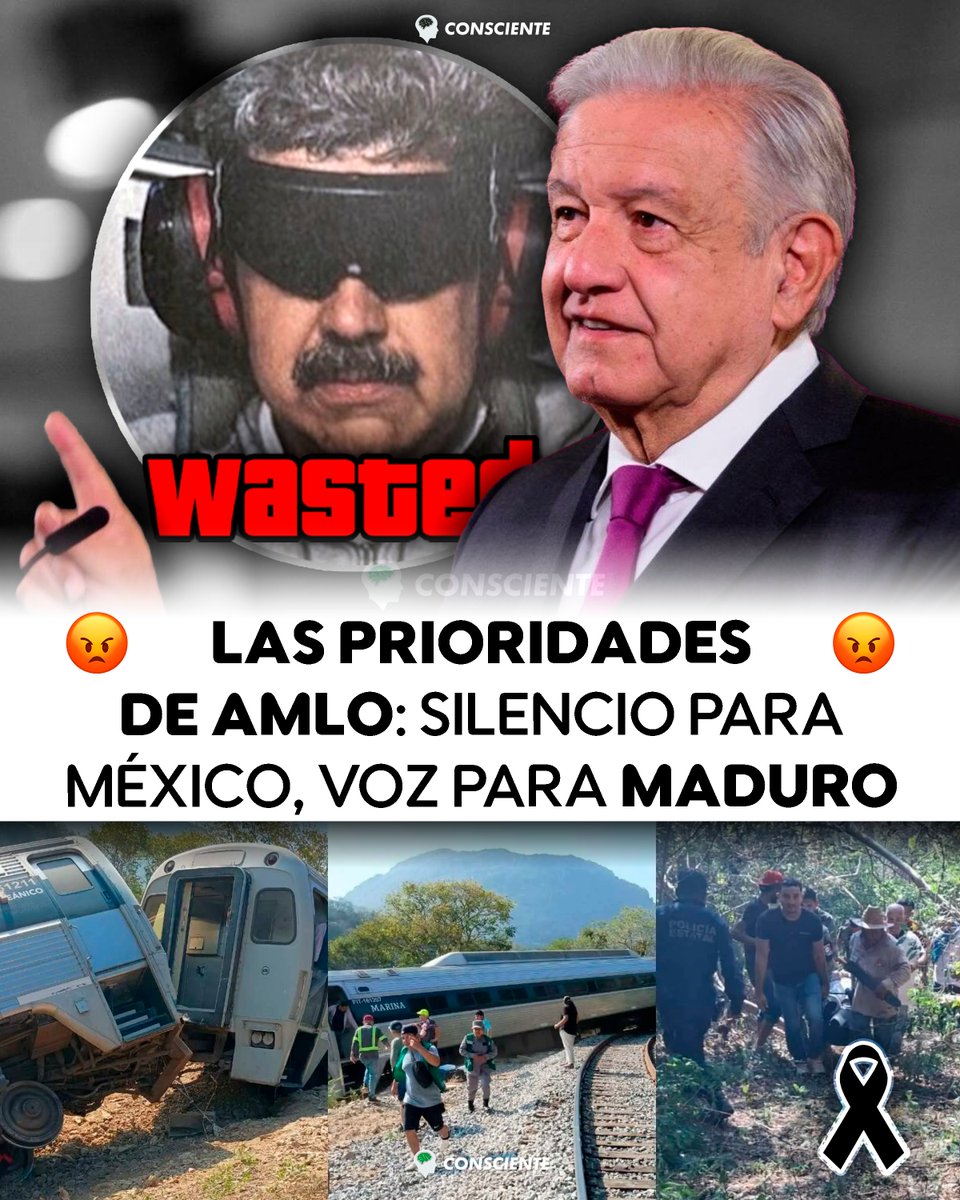 🇲🇽 LAS PRIORIDADES DE AMLO: SILENCIO PARA MÉXICO, VOZ PARA MADURO

El expresidente López Obrador rompió su retiro político este 3 de enero para defender a Nicolás Maduro y lanzar advertencias a Donald Trump.

🚂 Lo que NO hizo AMLO:

Ni una sola palabra de condolencia por las 13