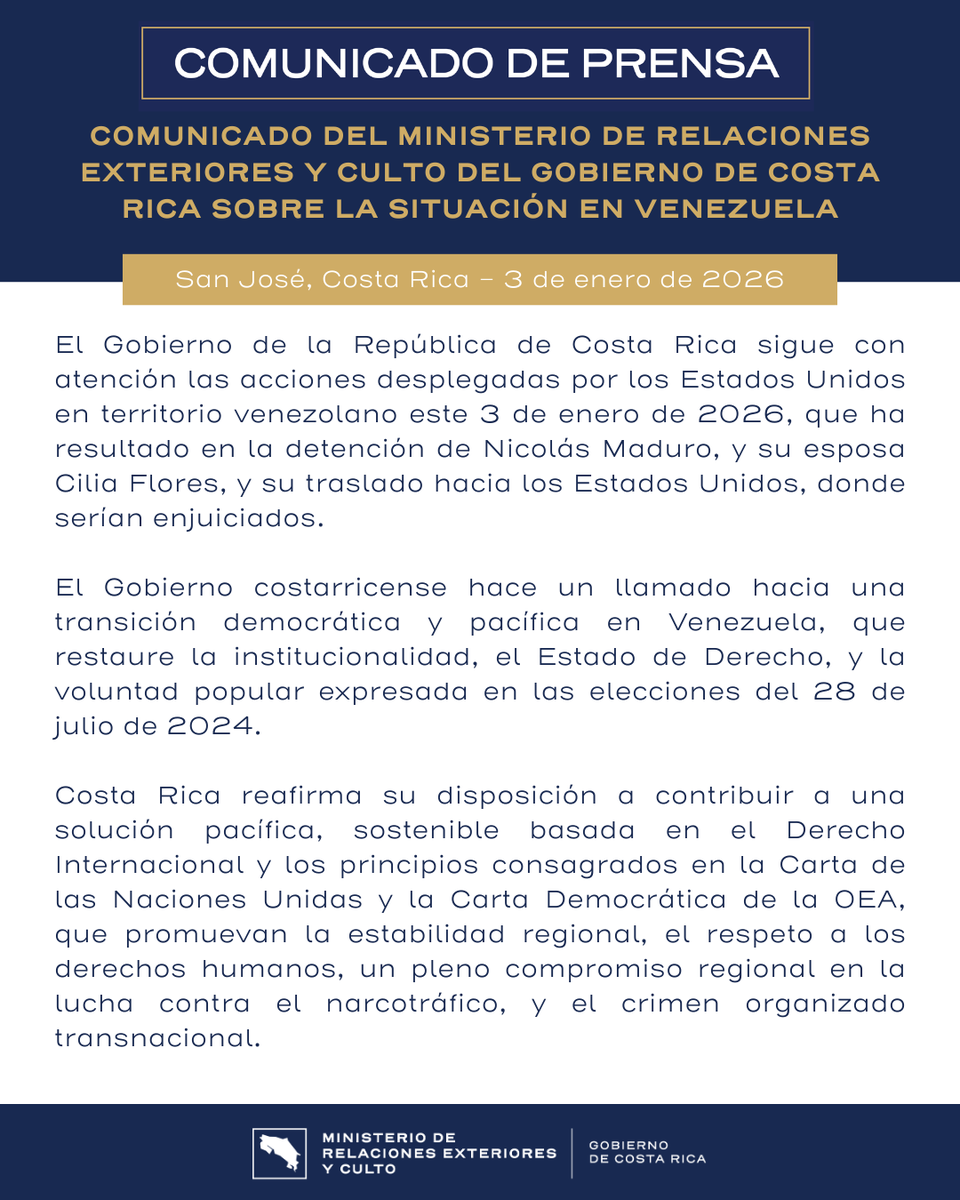 CRcancilleria's tweet photo. Comunicado del Ministerio de Relaciones Exteriores y Culto del Gobierno de Costa Rica sobre la situación en Venezuela. https://t.co/F0xx7ctCfI