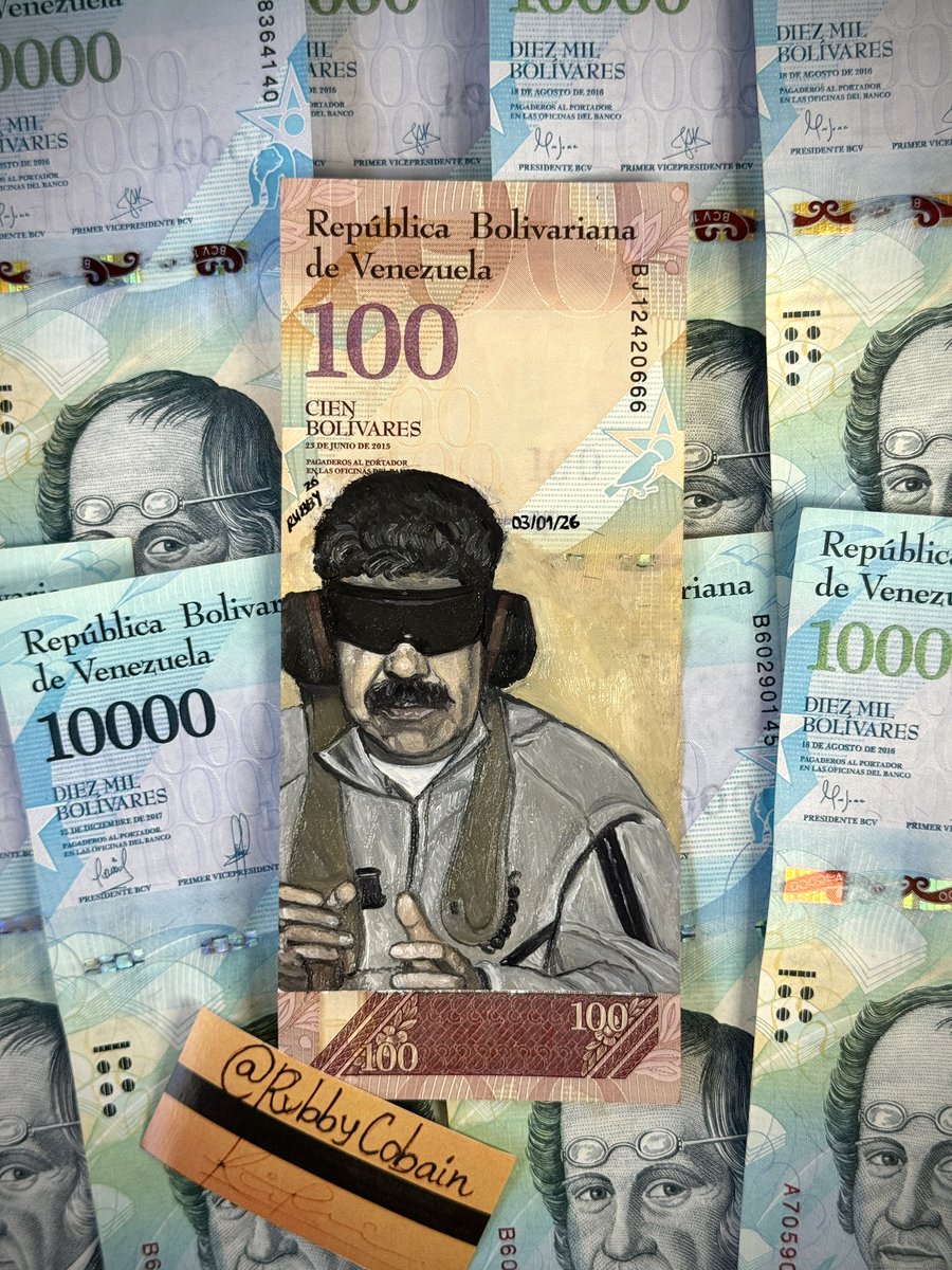 RubbyCobain's tweet image. dictador preso, óleo sobre 100 bolívares, 2026.

por los que están y los que no 
salú,
seguimos.

feliz 3 de enero,
ahora si arrancó el año.