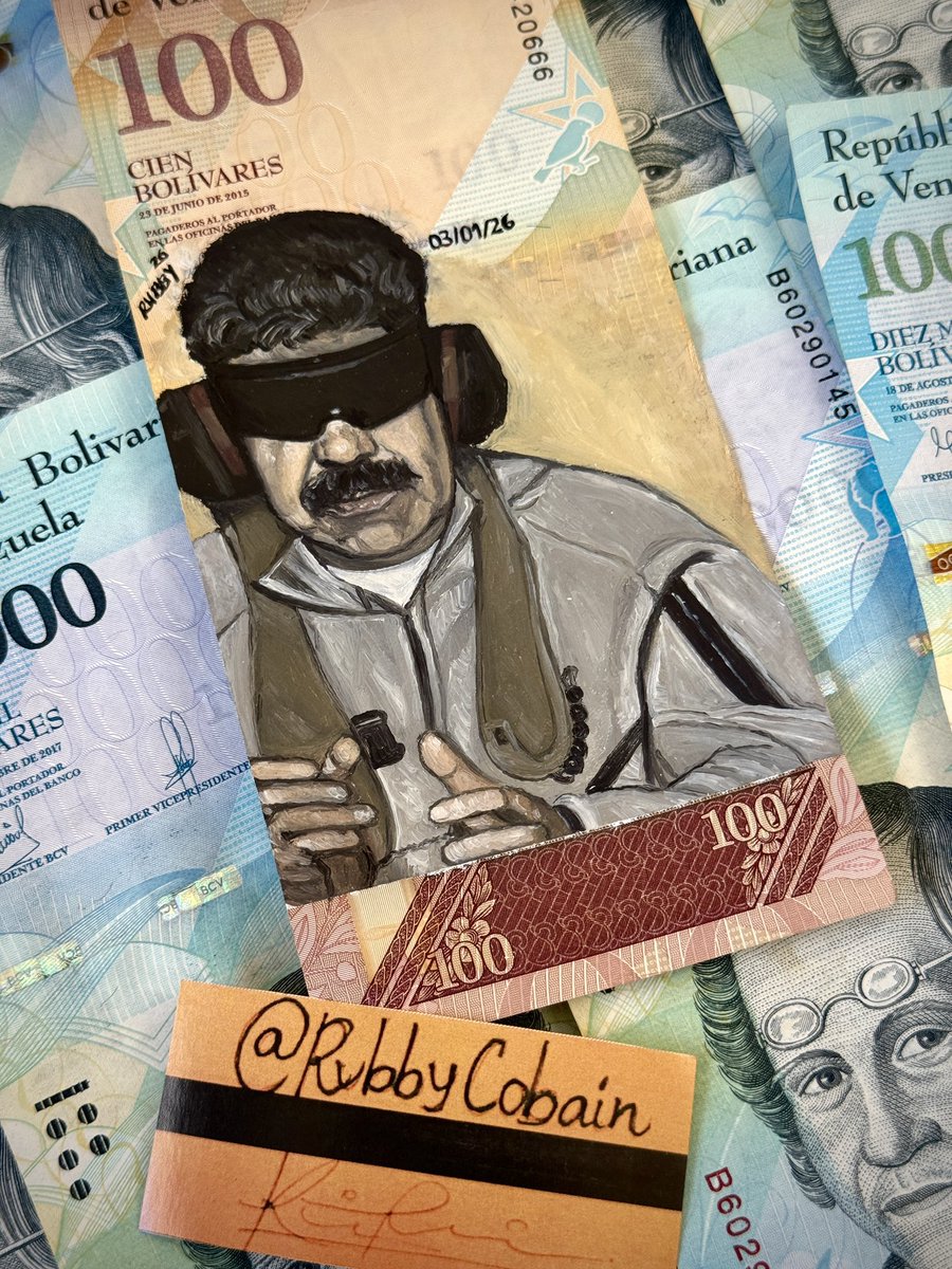 RubbyCobain's tweet image. dictador preso, óleo sobre 100 bolívares, 2026.

por los que están y los que no 
salú,
seguimos.

feliz 3 de enero,
ahora si arrancó el año.