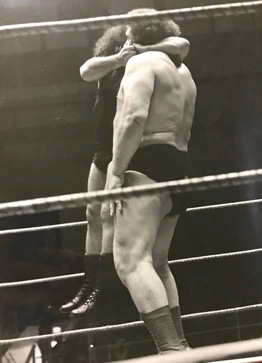 Pampero Firpo attempts to apply a side headlock to Andre the Giant.