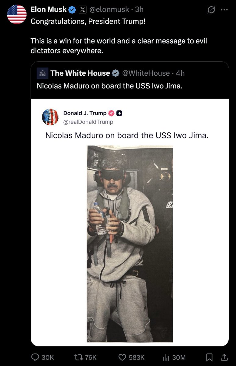 dieworkwear's tweet image. Elon Musk, Feb 2025: "America should mind its own business rather than push for regime change all over the place"

Elon Musk, Jan 2026: "Congratulations, President Trump! This is a win for the world and a clear message to evil dictators everywhere."