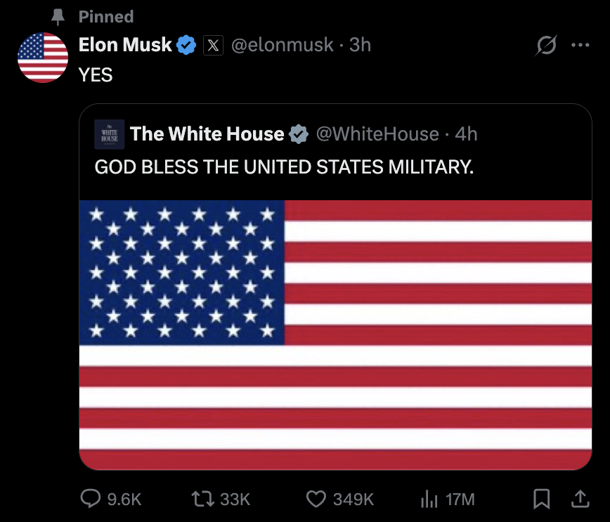 dieworkwear's tweet image. Elon Musk, Feb 2025: "America should mind its own business rather than push for regime change all over the place"

Elon Musk, Jan 2026: "Congratulations, President Trump! This is a win for the world and a clear message to evil dictators everywhere."