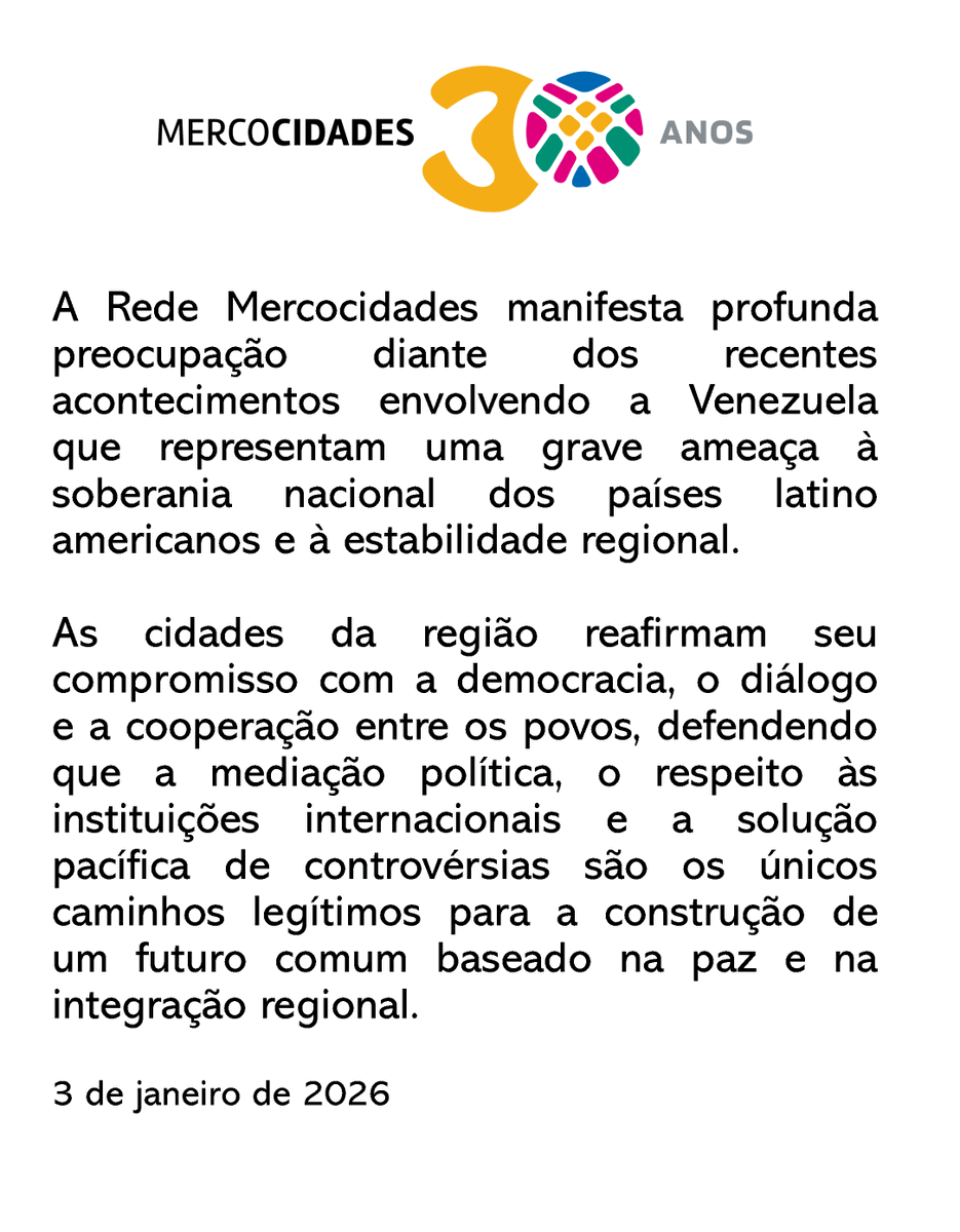 Ante los recientes acontecimientos en la hermana república de Venezuela, las <a href="/mercociudades/">Mercociudades</a> expresamos nuestra profunda preocupación.