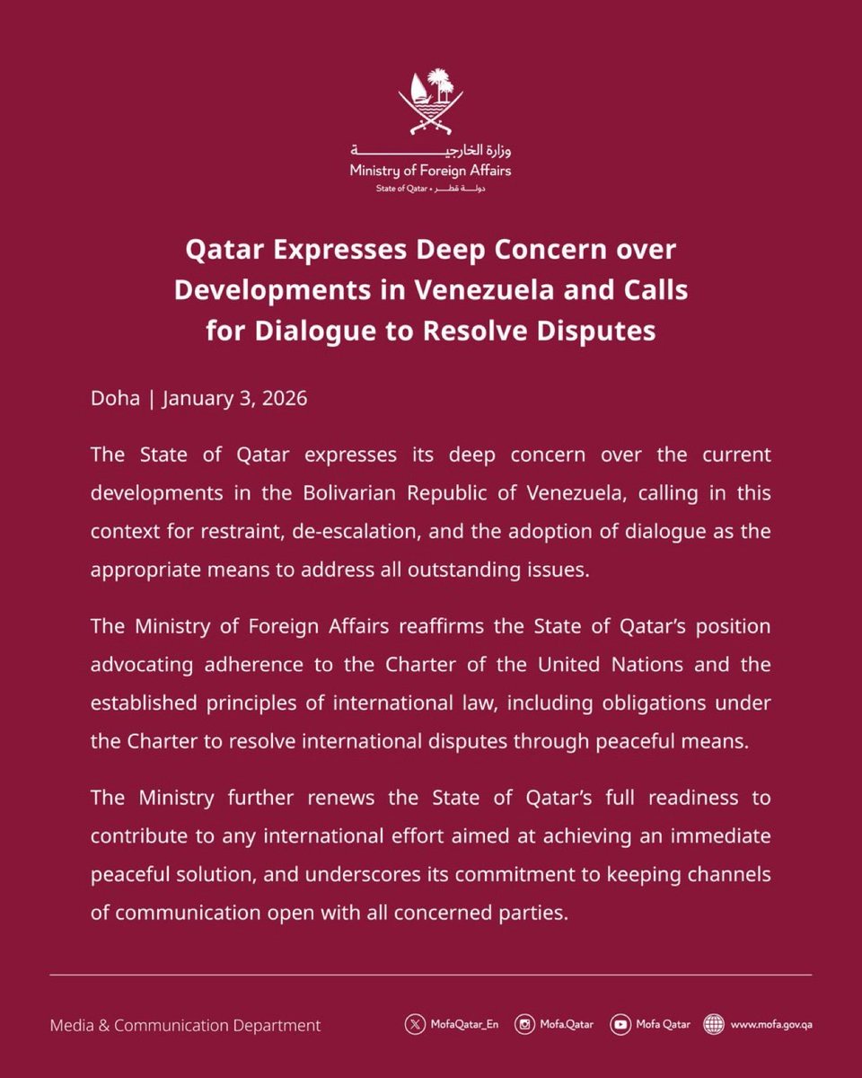 Qatar is now attacking the Trump administration over US airstrikes in Venezuela and the capture of Maduro. 

President Trump just delivered justice: Nicolás Maduro, the dictator indicted by the US government has been captured by U.S. forces and is heading to New York for trial.