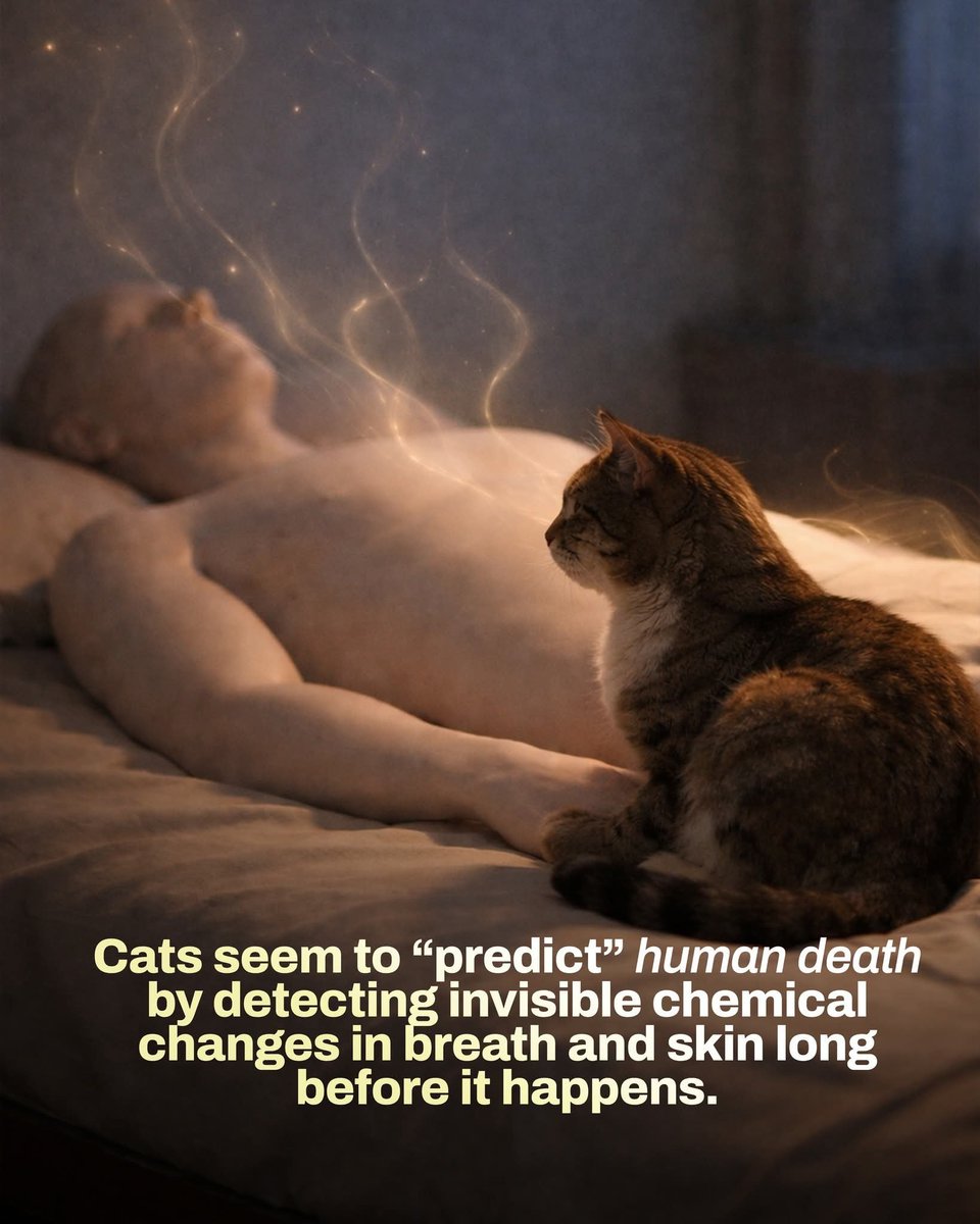 ShiningScience's tweet image. Cats sometimes appear to anticipate human death because they can sense subtle chemical changes released by the body as vital systems begin to fail. As organs weaken, the skin and breath emit altered odors caused by shifts in metabolism and the buildup of specific compounds. With…