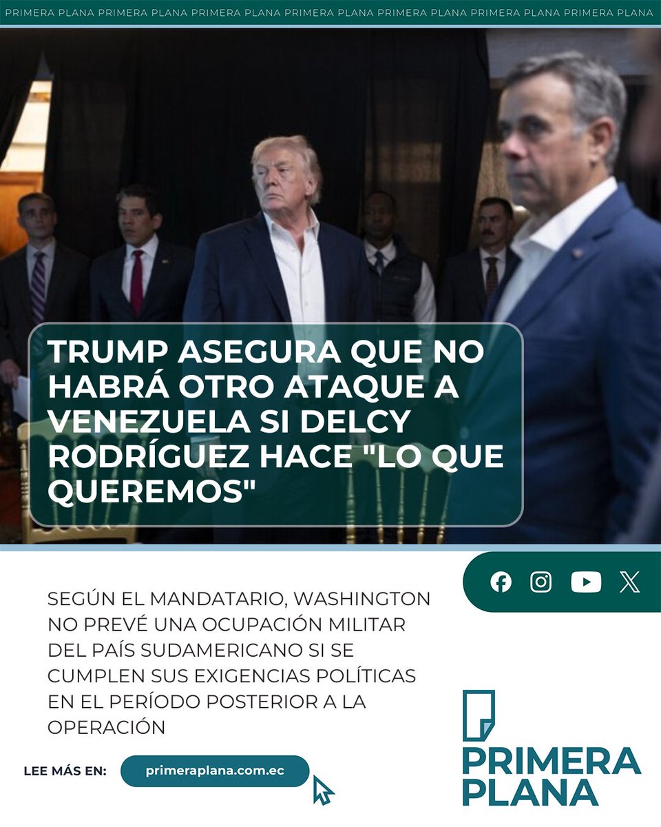 #ATENCIÓN | 

🚨El presidente de #EEUU, Donald Trump, afirmó que no habrá nuevos ataques ni despliegue de tropas estadounidenses en #Venezuela si la vicepresidenta del gobierno de Nicolás Maduro, Delcy Rodríguez, “hace lo que queremos”. La declaración fue realizada en una