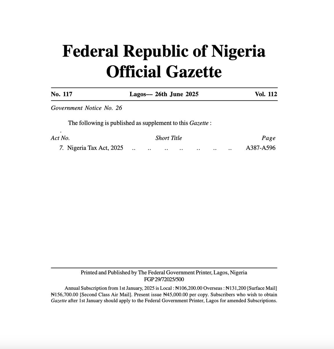 thecableng's tweet photo. DOWNLOAD: House of reps releases tax laws for public scrutiny after alteration claim

The house of representatives has released the four tax reform acts recently signed into law by President Bola Ahmed Tinubu.

In a statement issued on Saturday night, Akin Rotimi, spokesperson of the house of representatives, said the move is aimed at ensuring transparency following the alleged alteration of the legislation.

The tax laws are Nigeria Tax Act, 2025; the Nigeria Tax Administration Act, 2025; the Joint Revenue Board of Nigeria (Establishment) Act, 2025; and the Nigeria Revenue Service (Establishment) Act, 2025.

https://t.co/OLod1IZ8c3