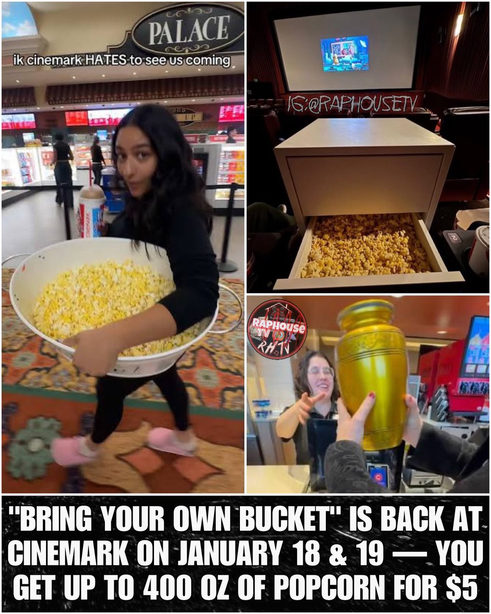 raphousetv2's tweet image. "Bring Your Own Bucket" Is Back At Cinemark On January 18 &amp;amp; 19 — You Get Up To 400 Oz Of Popcorn For $5
