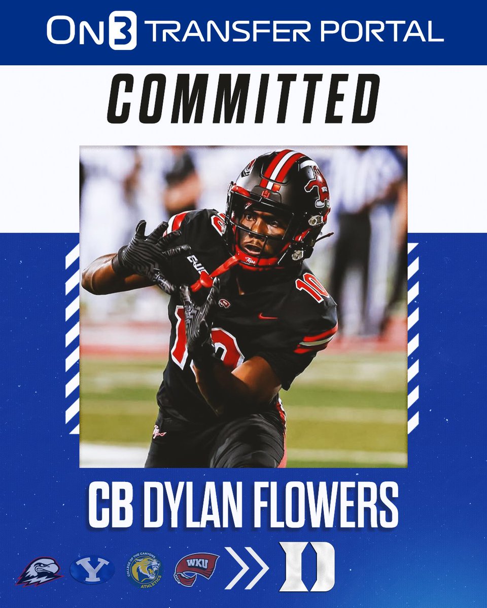 PeteNakos's tweet image. Western Kentucky DB Dylan Flowers has committed to Duke, his reps @noah_reisenfeld and @Adie_vongontard tell @On3sports.

Former BYU transfer posted 32 tackles, 4 pass deflections, 1 TFL and a forced fumble in 2025.

on3.com/college/duke-b…