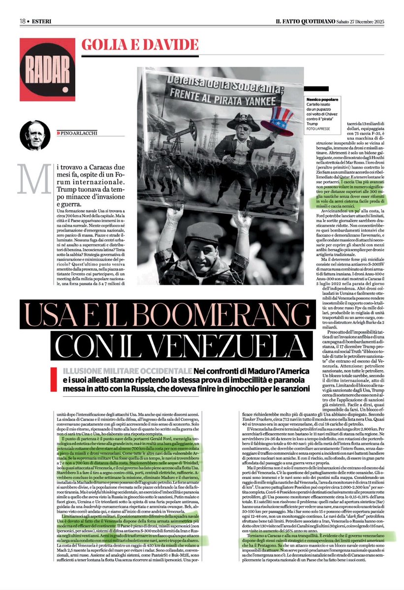 lucianocapone's tweet image. Sabato 27 dicembre, sul Fatto Quotidiano, il consulente e apologeta del regime venezuelano @pinoarlacchi scriveva che a Caracas regnava la “tranquillità” più assoluta: la portaretei americana Gerald Ford era solo “una bara galleggiante, un potenziale rottame che deve stare ad…