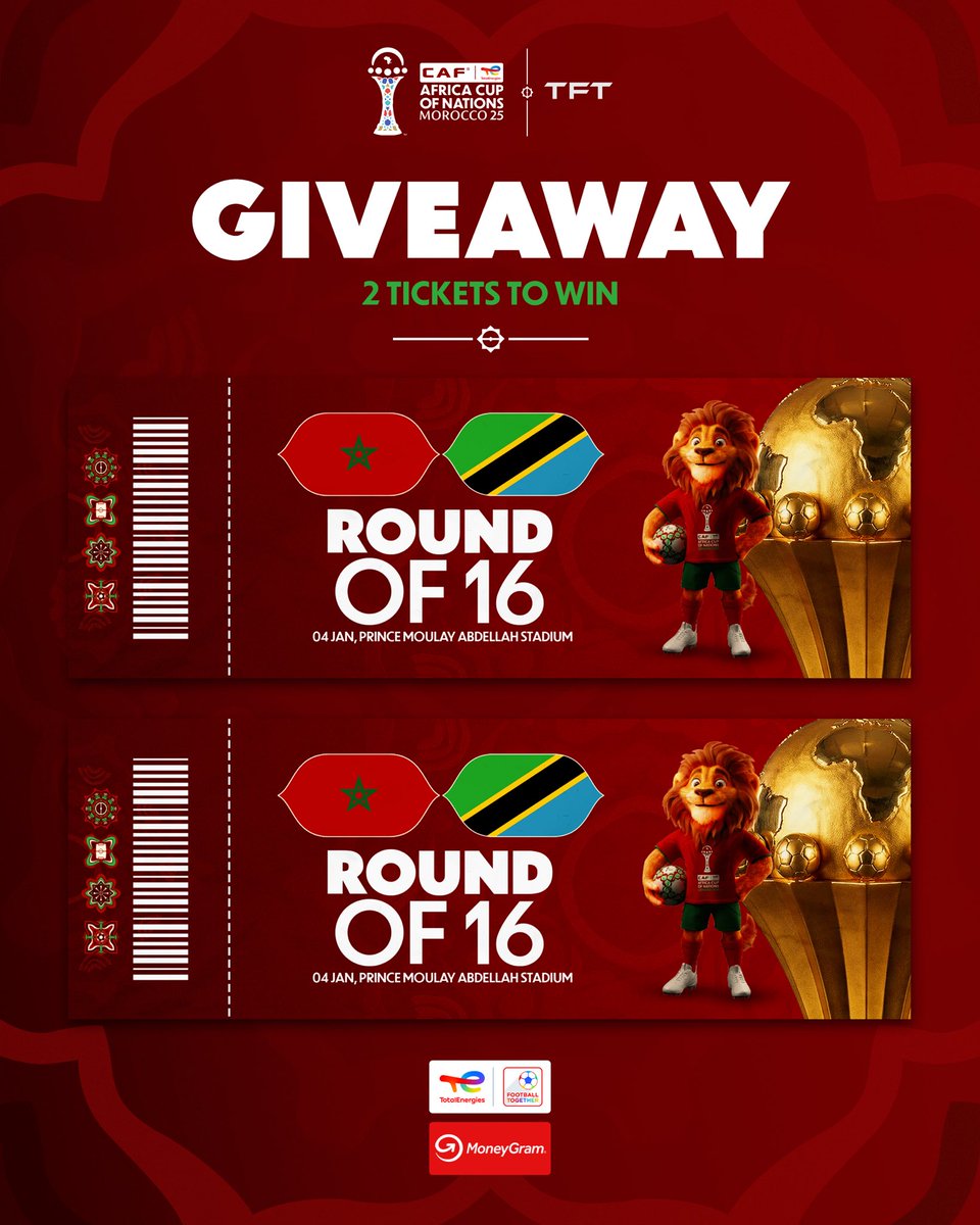 TFT_Morocco's tweet image. 𝗡𝗢𝗨𝗦 𝗩𝗢𝗨𝗦 𝗢𝗙𝗙𝗥𝗢𝗡𝗦 𝗗𝗘𝗨𝗫 𝗕𝗜𝗟𝗟𝗘𝗧𝗦 𝗣𝗢𝗨𝗥 𝗟𝗘 𝗠𝗔𝗧𝗖𝗛 𝗠𝗔𝗥𝗢𝗖 – 𝗧𝗔𝗡𝗭𝗔𝗡𝗜𝗘 ! 🇲🇦🎁

Gagnez deux places pour le match Maroc – Tanzanie en huitièmes de finale de la CAN 2025.

🔁 RT + LIKE ce tweet
✅ Follow @TFT_Morocco
🇲🇦 Commentez ce post en…