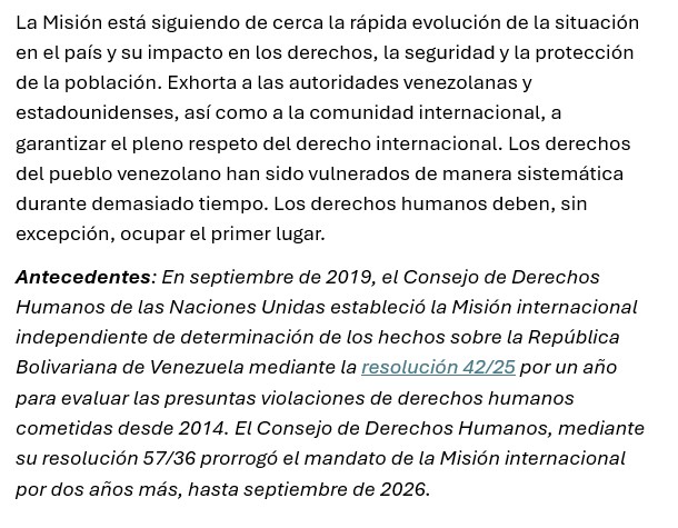 NoticiasONU's tweet image. Tras la captura de Nicolás Maduro, la Misión de Determinación de los Hechos sobre #Venezuela subraya la necesidad de garantizar la rendición de cuentas por las graves violaciones de derechos humanos y los crímenes de lesa humanidad cometidos por su gobierno. 
@UN_HRC