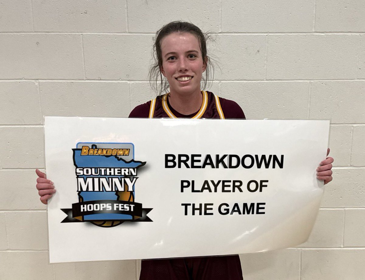 Congratulations to <a href="/AudreyShindelar/">Audrey Shindelar</a> who led <a href="/StewieGBB/">Stewie Girls BBall</a> to a hard-fought 76-65 win over <a href="/deltigerhoops/">Delano Girls Basketball</a> at the <a href="/BreakdownUSA/">Breakdown Sports USA</a> Southern MN Hoops Fest. The SDSU <a href="/GoJacksWBB/">Jackrabbit WBB</a> commit is our Player of the Game.