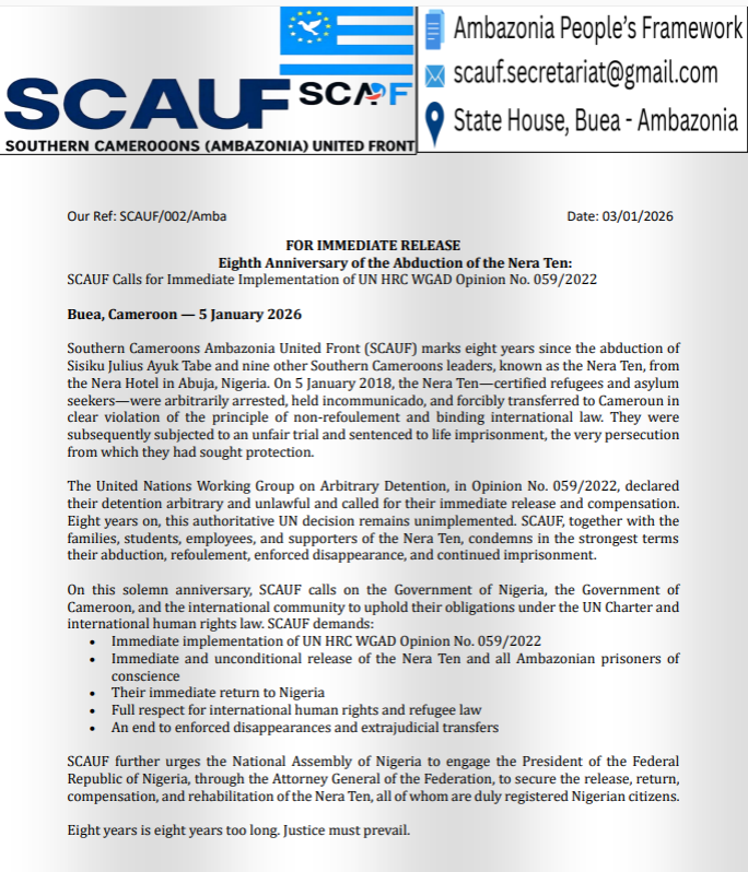Eight years after the unlawful abduction and refoulement of the Nera Ten, SCAUF renews its call for justice and the immediate implementation of UN WGAD Opinion No. 059/2022.