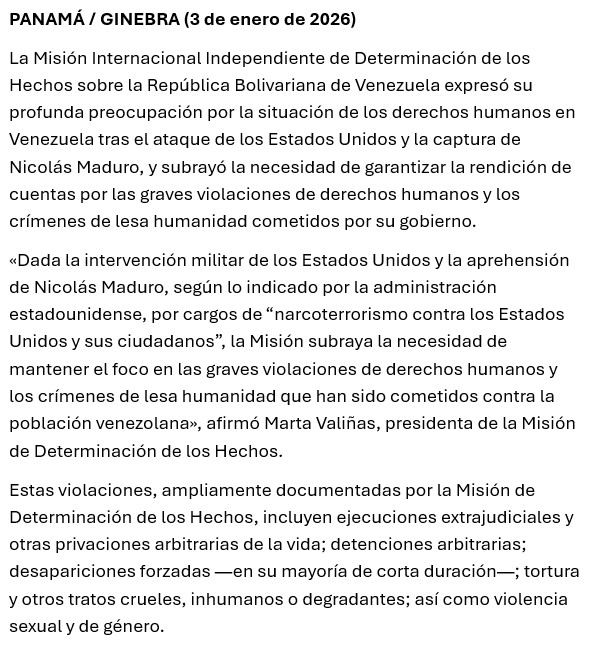 NoticiasONU's tweet image. Tras la captura de Nicolás Maduro, la Misión de Determinación de los Hechos sobre #Venezuela subraya la necesidad de garantizar la rendición de cuentas por las graves violaciones de derechos humanos y los crímenes de lesa humanidad cometidos por su gobierno. 
@UN_HRC