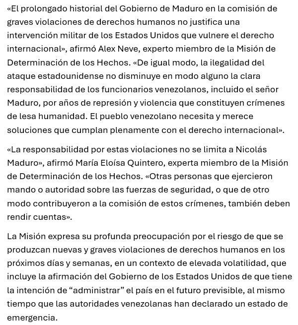 NoticiasONU's tweet image. Tras la captura de Nicolás Maduro, la Misión de Determinación de los Hechos sobre #Venezuela subraya la necesidad de garantizar la rendición de cuentas por las graves violaciones de derechos humanos y los crímenes de lesa humanidad cometidos por su gobierno. 
@UN_HRC