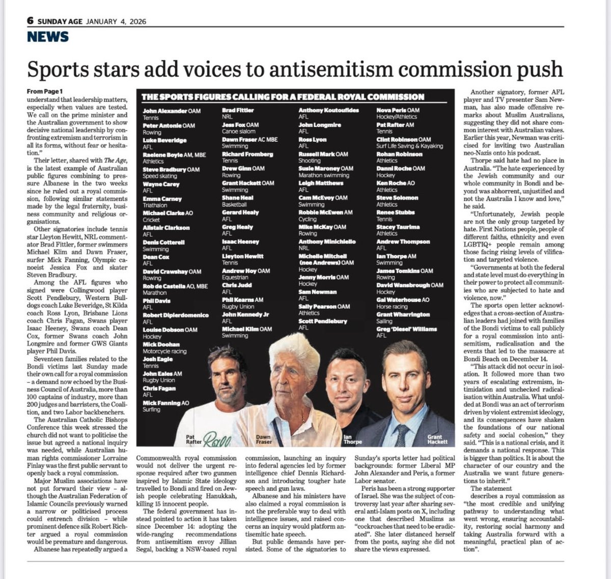 “Today, we cannot remain silent. This is not who we are. This is not the Australia we represented.”

Australia’s leading athletes and sporting heroes speak out, calling for Royal Commission into Antisemitism, after Bondi Attack.