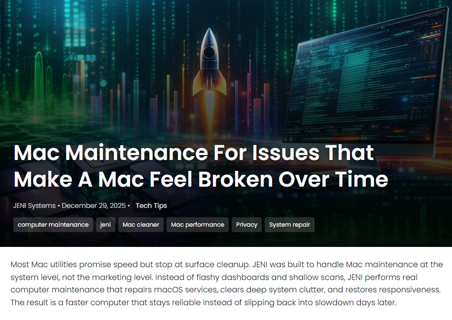 JeniSystems's tweet image. Your Mac slows down for real reasons, not age, and JENI fixes the parts other cleaners skip. jenisystems.com/how-jeni-for-m…
#MacPerformance #SystemRepair #MacTools