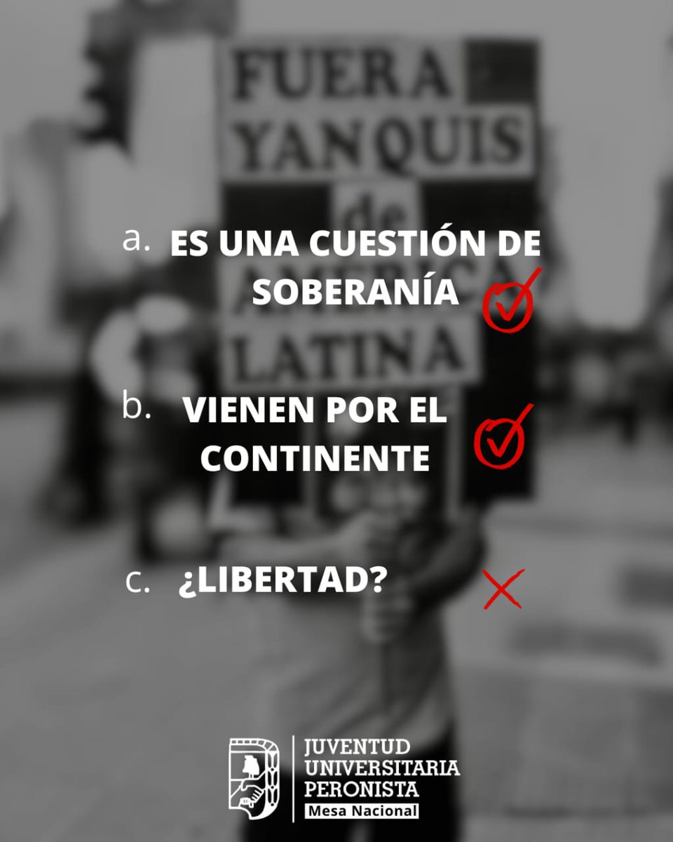 Desde la Mesa Nacional de la Juventud Universitaria Peronista repudiamos la intervención militar ilegítima de Estados Unidos a la República Bolivariana de Venezuela 🇻🇪🫱🏼‍🫲🏽🇦🇷

COLONIALISMO NUNCA MAS EN AMÉRICA LATINA ✌🏻🇦🇷