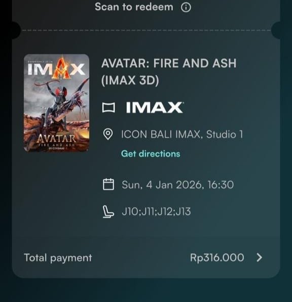 DKnight405's tweet photo. Barangkali ada yg minat nonton Avatar di IMAX 3D Icon Bali hari ini

WTS

4 Tiket Avatar : Fire and Ash 
Seat J10, J11, J12, J13
Hari : Minggu, 4 Januari 2026
Showtime : 16.30

Lepas 280k take all (mau beli satuan jg bole) minat komen/DM ya.

#WTS #TiketAvatar #AvatarFireandAsh https://t.co/hVEPxFKLUw