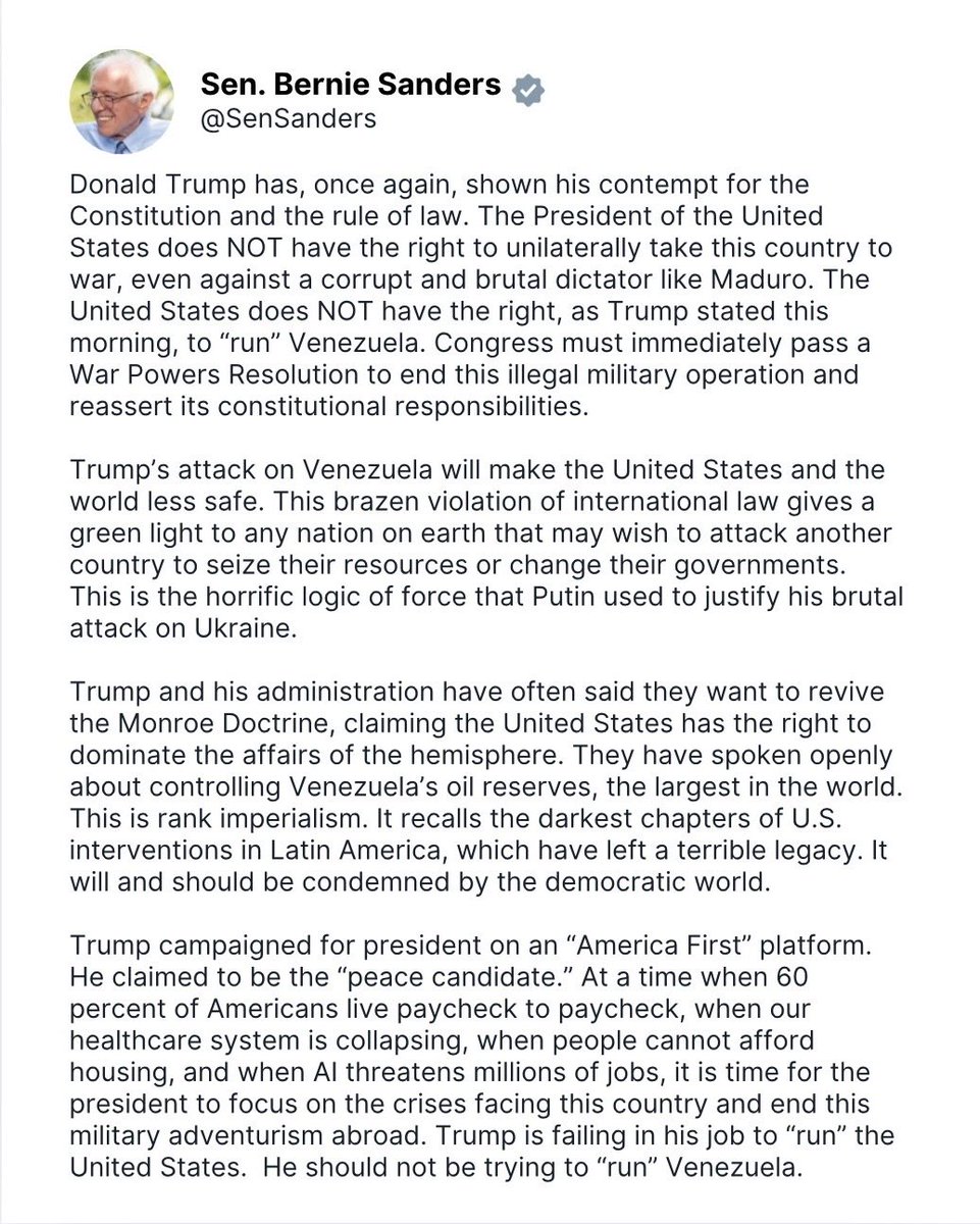 Mensaje del senador Bernie Sanders. Más claro, imposible:

Donald Trump ha vuelto a mostrar su desprecio por la Constitución y el Estado de derecho. El presidente de Estados Unidos NO tiene el derecho de llevar unilateralmente a este país a la guerra, ni siquiera contra un