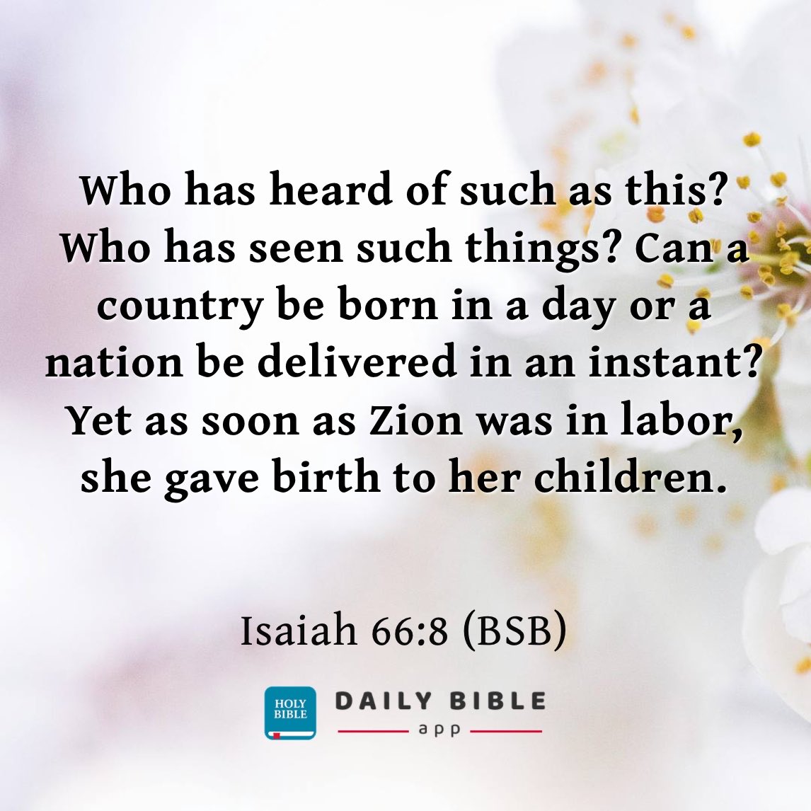 NowDailyBible's tweet photo. Who has heard of such as this? Who has seen such things? Can a country be born in a day or a nation be delivered in an instant? Yet as soon as Zion was in labor, she gave birth to her children.

Isaiah 66:8 (BSB)

Get the app: https://t.co/BO0Fw3YIB7 https://t.co/SVyNVdntYh