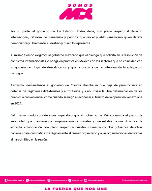 𝗩𝗲𝗻𝗲𝘇𝘂𝗲𝗹𝗮 𝗹𝗶𝗯𝗿𝗲 𝗱𝗲 𝗱𝗶𝗰𝘁𝗮𝗱𝘂𝗿𝗮𝘀 𝗲 𝗶𝗻𝘁𝗲𝗿𝘃𝗲𝗻𝗰𝗶𝗼𝗻𝗲𝘀 𝗲𝘅𝘁𝗿𝗮𝗻𝗷𝗲𝗿𝗮𝘀: 𝗦𝗼𝗺𝗼𝘀 𝗠𝗲́𝘅𝗶𝗰𝗼

𝗗𝗲𝘀𝗱𝗲 𝗦𝗼𝗺𝗼𝘀 𝗠𝗲́𝘅𝗶𝗰𝗼 consideramos que si bien la detención del autoproclamado presidente de Venezuela, Nicolás Maduro, por