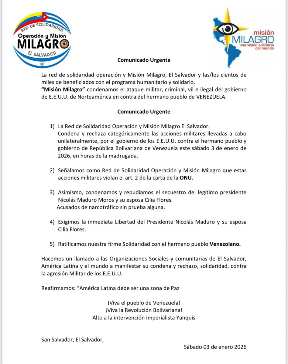 Red de Solidaridad Operacional y Misión Milagro, #ElSalvador

Ante agresión militar norteamericana contra el pueblo de #Venezuela <a href="/PartidoPSUV/">PSUV</a> <a href="/Adan_Coromoto/">Adán Chávez</a> <a href="/ONU_es/">Naciones Unidas</a> <a href="/OEA_oficial/">OEA</a>
