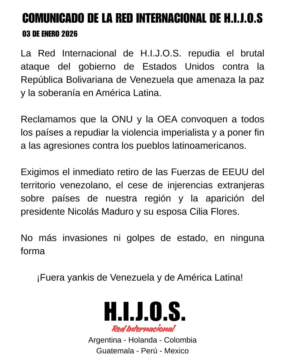 La Red Internacional de H.I.J.O.S. repudia el brutal ataque del gobierno de Estados Unidos contra la República Bolivariana de Venezuela que amenaza la paz y la soberanía en América Latina.