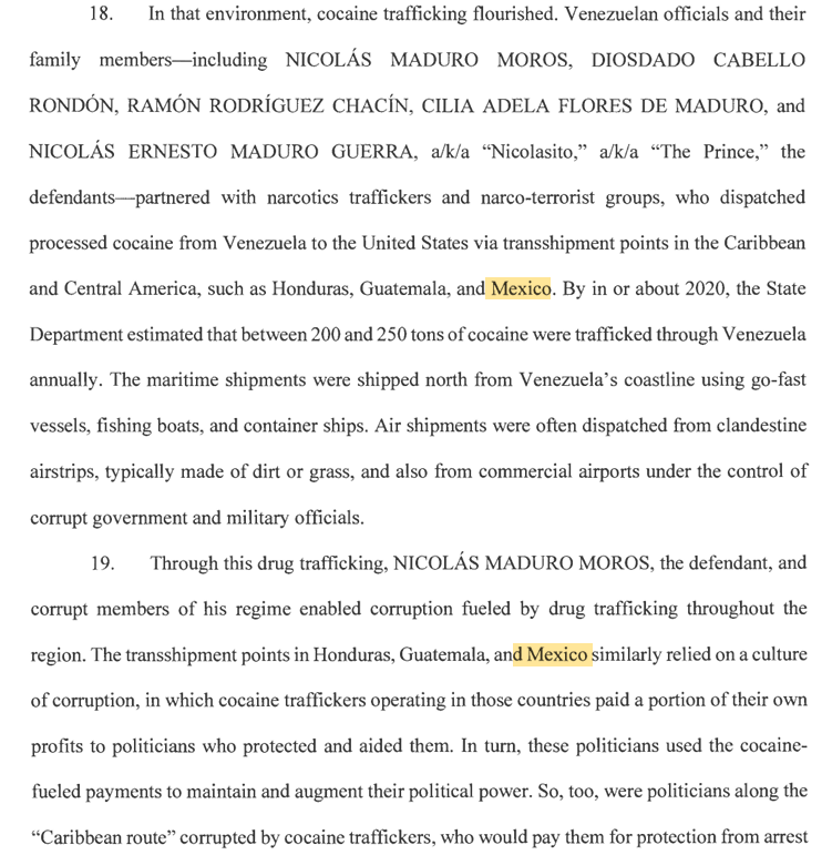 CMATIENZO's tweet image. En la nueva acusación de la Corte del Distrito Sur de Nueva York contra Maduro por narcoterrorismo, se menciona a México 19 veces. Se le acusa de colaborar con el Cártel de Sinaloa y Los Zetas, así como de mover droga y dinero entre México y Vzla.

justice.gov/opa/media/1422…
