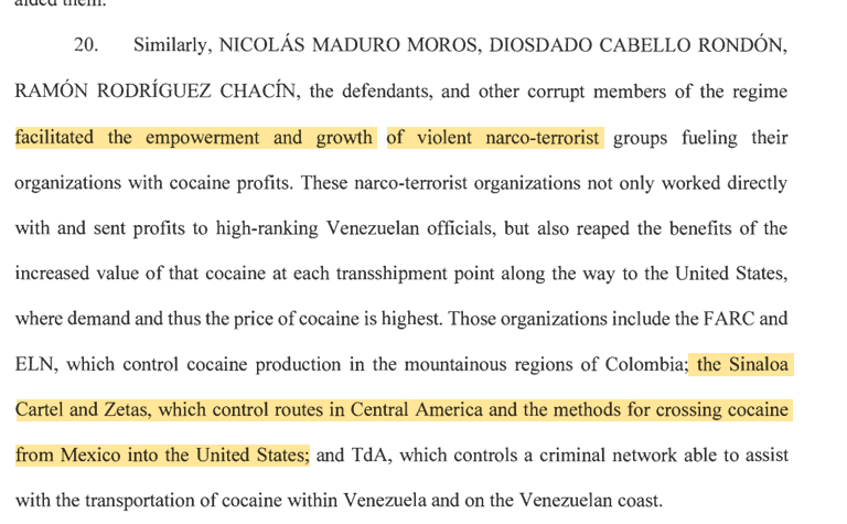 CMATIENZO's tweet image. En la nueva acusación de la Corte del Distrito Sur de Nueva York contra Maduro por narcoterrorismo, se menciona a México 19 veces. Se le acusa de colaborar con el Cártel de Sinaloa y Los Zetas, así como de mover droga y dinero entre México y Vzla.

justice.gov/opa/media/1422…