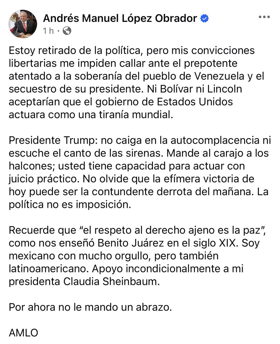 La tradición pacifista de México aboga por los principios del derecho internacional: la no intervención, la igualdad jurídica de los estados y la autodeterminación de los pueblos. 
Desde el Estado de México respaldamos las palabras de nuestro líder moral <a href="/lopezobrador_/">Andrés Manuel</a>, quién nos