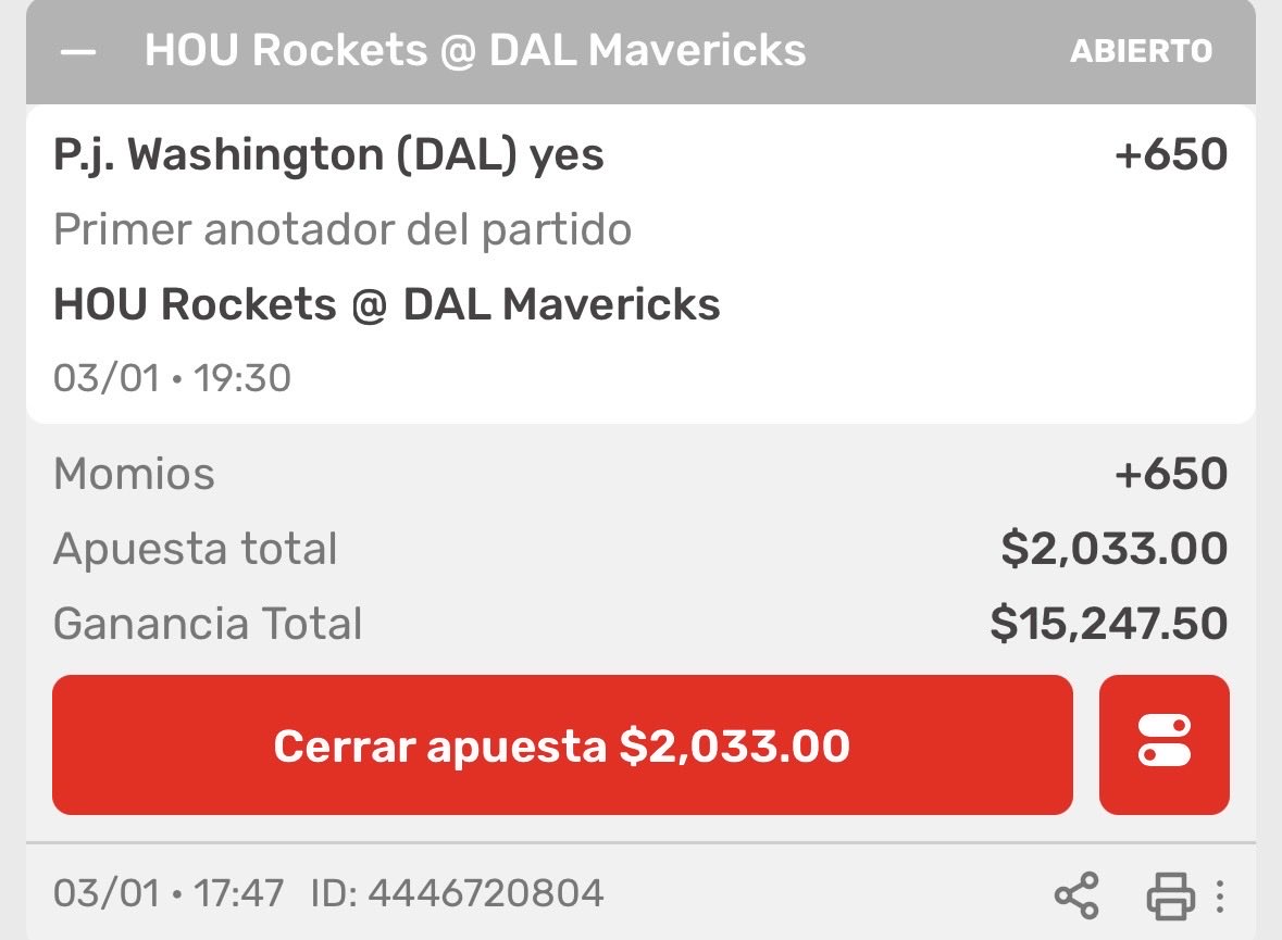 #MFFL

PJ Washington Primera Canasta +650

Si ganó esta jugada repartiré 3333$ entre los ❤️ RT 🔁 recuerden que estas jugadas son difíciles yo estoy loco.

Andamos sobrados no hay pedo 🪄 es lo único que deja meter