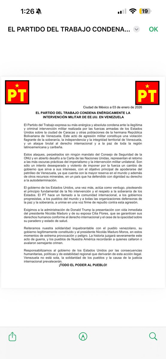 En el <a href="/PTnacionalMX/">Partido del Trabajo México</a> condenamos enérgicamente la intervención militar de EE.UU en #Venezuela.