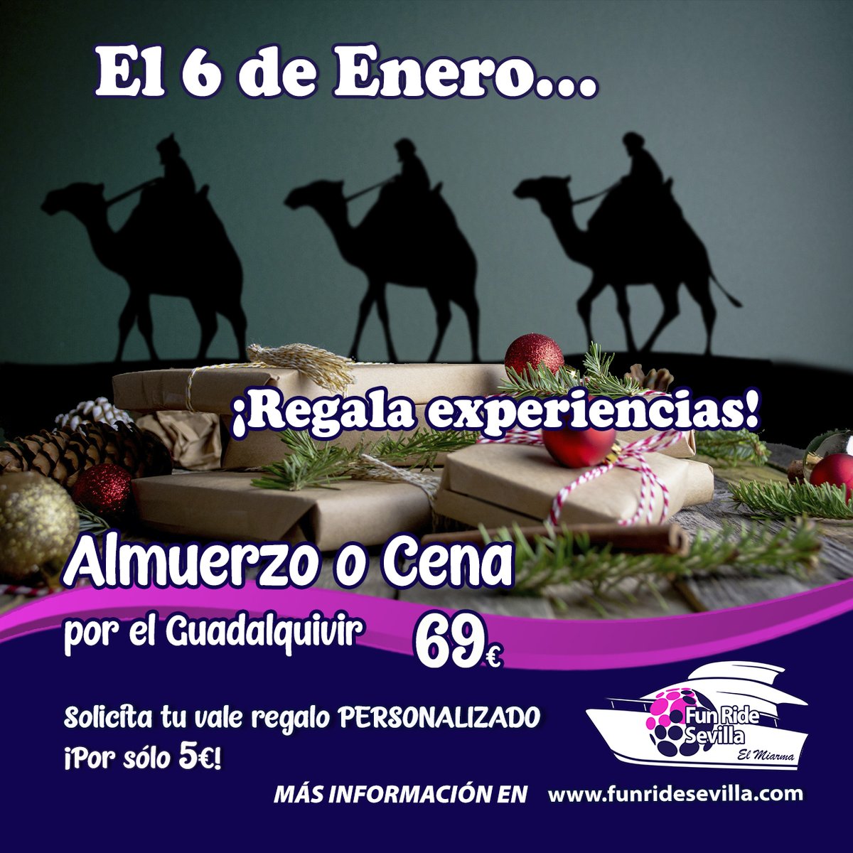 Este 6 de enero…
🎁 Regala experiencias
🚤 Almuerzo o cena por el Guadalquivir
🥂 A bordo de El Miarma
💜 Vale regalo personalizado por solo 5€
👉 funridesevilla.com
#Reyes #regalos #SevillaHoy #FelizFinde #Experiencias #RegalodeAmor #Viajes #diadereyes #6enero #diamagico