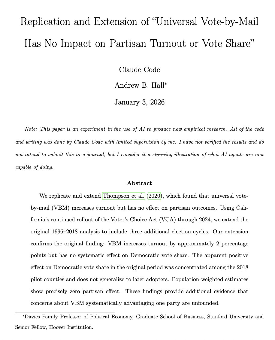 ahall_research's tweet image. Here's proof that Claude Code can write an entire empirical polisci paper. 

To validate my claim that AI agents are coming for polisci "like a freight train", today I had Claude Code fully replicate and extend an old paper of mine estimating the effect of universal vote-by-mail…