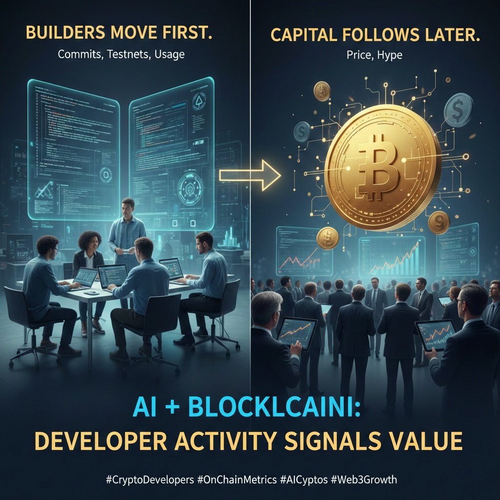 abu_sadeeq1's tweet photo. Builders move first. Capital follows later.
In AI + Blockchain, developer activity signals value long before price does. GitHub commits, testnets, and usage matter more than hype. Smart investors track builders — because that’s where the future is being written.
#CryptoDevelopers #OnChainMetrics #AICrypto #Web3Growth