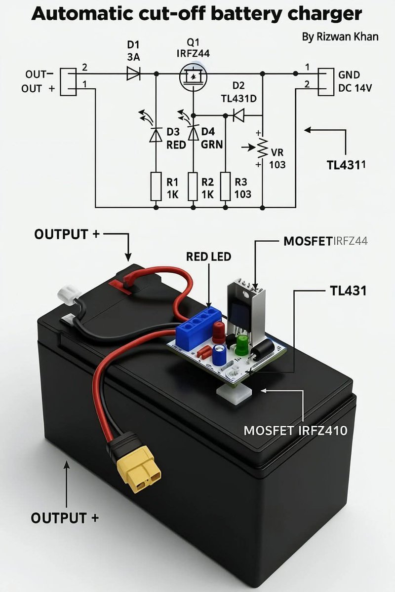Auto Cut Battery Charger Circuit based on MOSFET and TL431.

Intelligent control system that automatically interrupts loading when it reaches safe voltage.