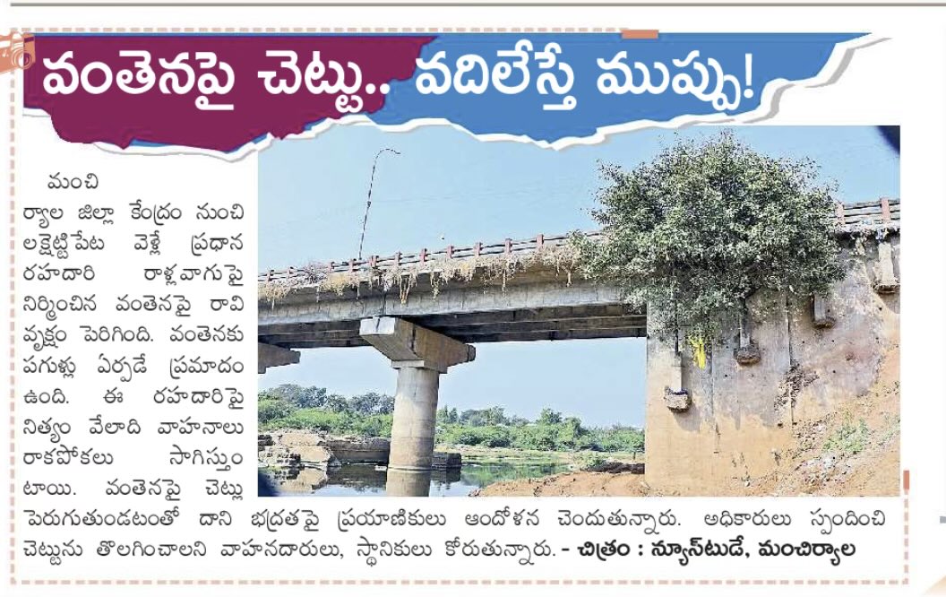 <a href="/premsagarraok/">Kokkirala Premsagar Rao</a> <a href="/Collector_MNCL/">Collector Mancherial</a> <a href="/MC_Mancherial/">Mancherial Municipal Corporation</a> <a href="/MancherialPiu/">NHAI Mancherial</a> <a href="/dcpmncl/">dcpmncl@gmail.com</a> <a href="/MnclDcp15565/">A.BHASKAR, IPS</a> <a href="/NHAI_Official/">NHAI</a> <a href="/MORTHRoadSafety/">MORTHRoadSafety</a> 
Trees have grown over the Ralla Vagu Bridge on the Mancherial - Luxettipet route on the NH63 in the Mancherial district Headquarters, making it dangerous.