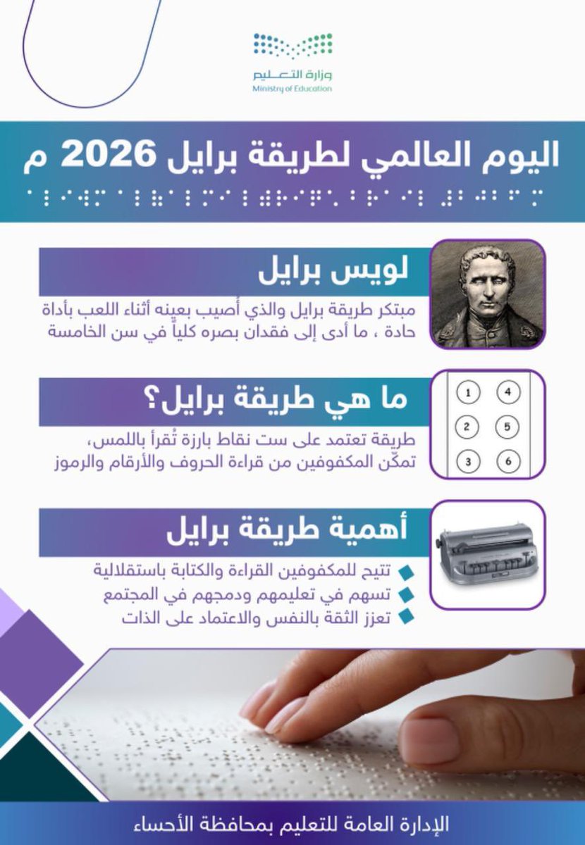 في اليوم العالمي لطريقة برايل، نحتفي بأداة المعرفة التي فتحت آفاق التعليم للمكفوفين، ونواصل في #تعليم_الأحساء دعمنا للتعليم الشامل سعيا نحو تمكينهم وذلك إيماناً بأن تكافؤ الفرص هو الركيزة الأساسية لمستقبل مشرق لكل الطلبة.
#الأحساء_مدينة_تعلم