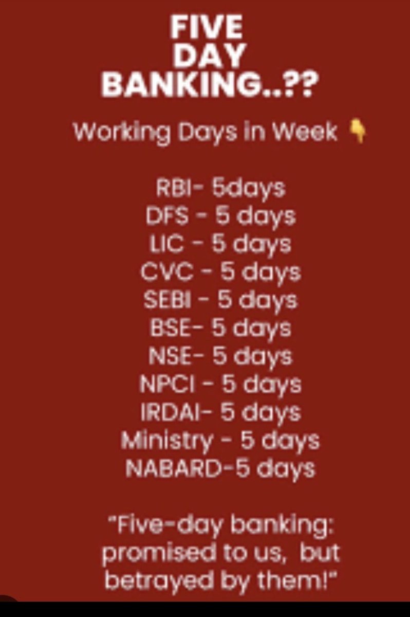 <a href="/AshishTekale_/">Ashish Tekale Patil</a> <a href="/aiboc_in/">All India Bank Officers' Confederation (AIBOC)</a> <a href="/fboioa_india/">Federation of Bank of India Officers' Associations</a> <a href="/BOIOAMNG/">Bank Of India Officers' Association (Mumbai & Goa)</a> <a href="/BOIOAVidarbha/">Bank Of India Officers' Association Vidarbha Unit</a> <a href="/boioapune/">BOIOA Pune Unit</a> <a href="/BOIOA_Rajasthan/">Bank Of India Officers' Association Rajasthan Unit</a> <a href="/boioasz/">BANK OF INDIA OFFICERS' ASSOCIATION SOUTH ZONE</a> <a href="/nilesh_pawar15/">Nilesh Pawar</a> <a href="/rupamsmail/">Rupam Roy</a> We demand immediate implementation of 5 day Banking 
It's the need of the hour 
#5DayBankingNow