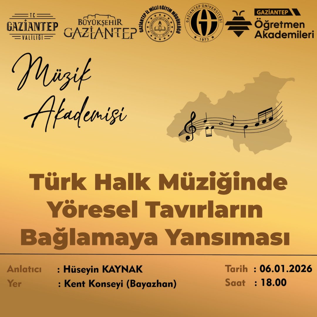 Türk Halk Müziği’nin zengin dünyasında yöresel tavırların bağlamaya nasıl yansıdığını öğretmenlerimizle birlikte keşfediyoruz.
Bu özel buluşmada, Gaziantep Üniversitesi Öğretim Görevlisi Hüseyin Kaynak, bilgi ve deneyimlerini bizlerle paylaşacak. Tüm öğretmenlerimiz davetlidir.